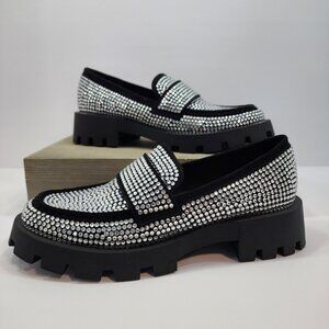 Steve Madden Eclipse Rhinestone Black Silver Mules Oxfords Size 7.5